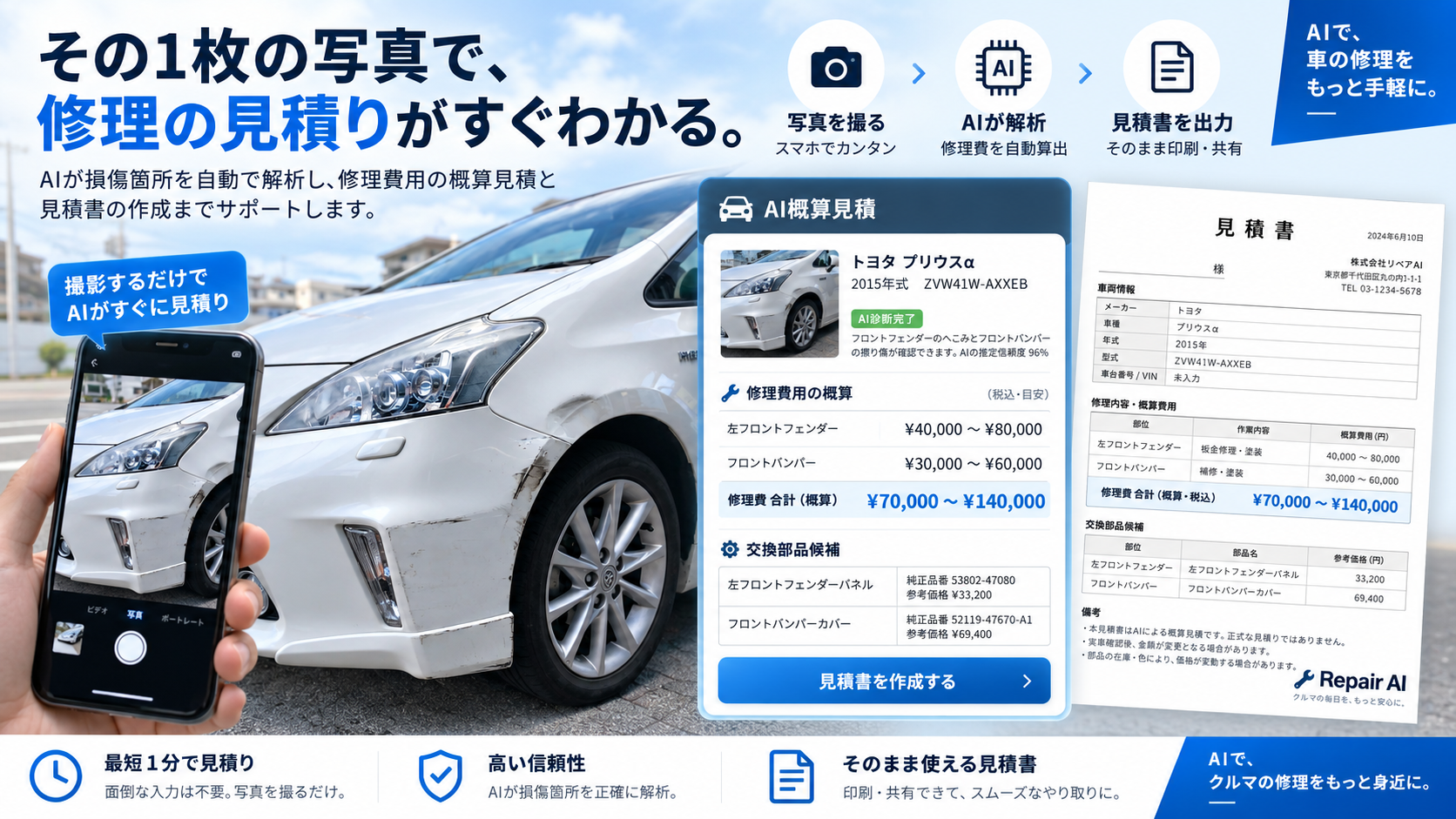事故車の写真からAIが修理費を算出し見積書を作成するRepair AI